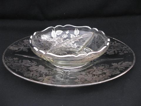 photo of vintage silver overlay glass, floral pattern large round plate & divided bowl #1