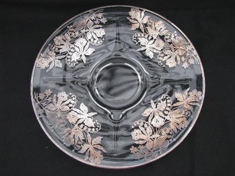 photo of vintage silver overlay glass, floral pattern large round plate & divided bowl #2