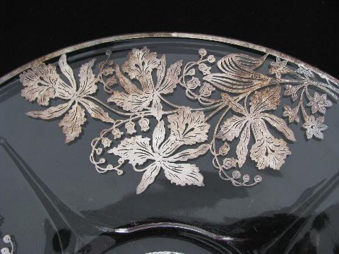 photo of vintage silver overlay glass, floral pattern large round plate & divided bowl #3