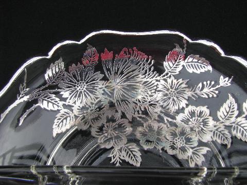 photo of vintage silver overlay glass, floral pattern large round plate & divided bowl #6