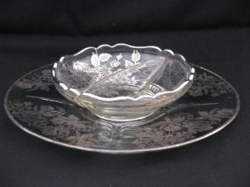 catalog photo of vintage silver overlay glass, floral pattern large round plate & divided bowl