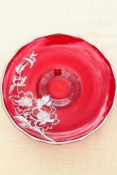 catalog photo of vintage silver overlay or silver deposit glass bowl, ruby red candy dish