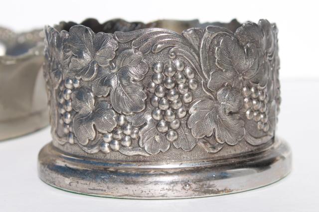 photo of vintage silver pewter wine bottle coasters w/ embossed grapes, for large & small wine bottles #2