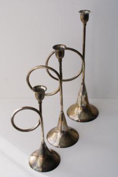 catalog photo of vintage silver plate brass trumpet horn candle holders, trio set of candlesticks