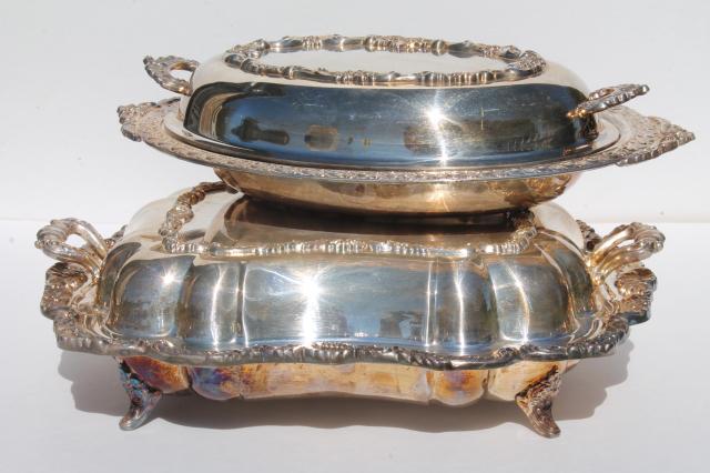 photo of vintage silver plate buffet dishes, covered chafing dish casserole serving bowls w/ covers #1