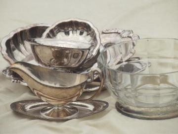 catalog photo of vintage silver plate buffet serving pieces lot, silverplate bowls etc.