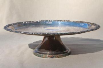 catalog photo of vintage silver plate cake stand or pedestal serving tray, tarnished silverplate