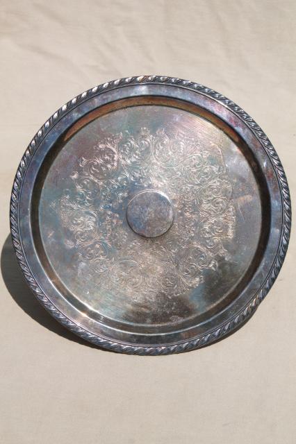 photo of vintage silver plate cake stand or pedestal serving tray, tarnished silverplate #2