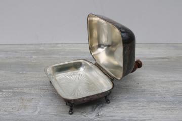 catalog photo of vintage silver plate covered dish w/ glass liner, silent butler or ashtray