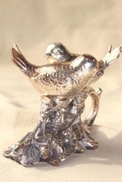 catalog photo of vintage silver plate figural birds on a branch cast metal salt and pepper shakers set