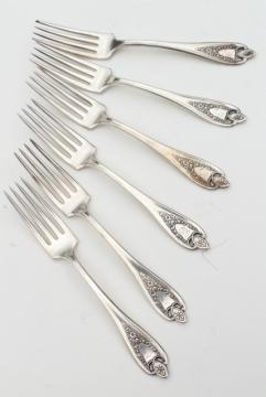 catalog photo of vintage silver plate flatware, antique Old Colony forks w/ ornate engraved monogram letter T