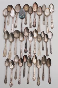 catalog photo of vintage silver plate flatware, collection of mismatched spoons, antique silverware