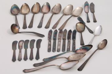 catalog photo of vintage silver plate flatware, silverware lot butter knives, serving pieces spoons