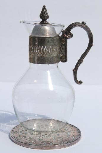 photo of vintage silver plate glass bottle coffee carafe & silver and glass trivet #1