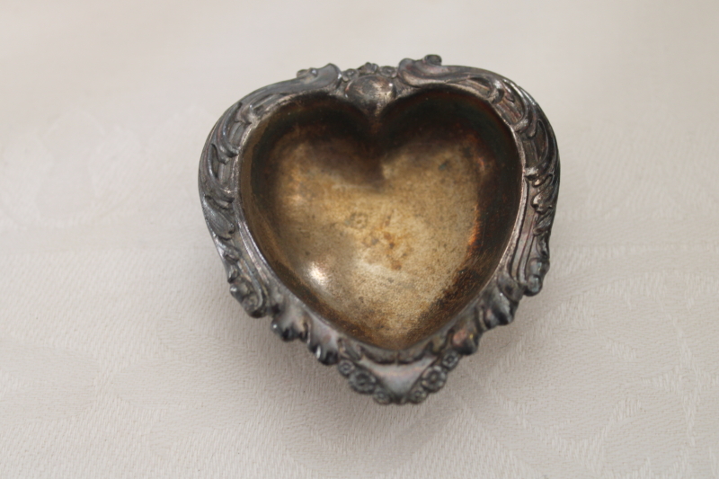 photo of vintage silver plate heart shaped ring dish or tiny trinket dish, tarnished silver #1