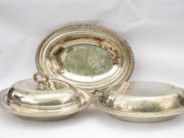 catalog photo of vintage silver plate holloware serving pieces, oval covered dishes, buffet servers lot