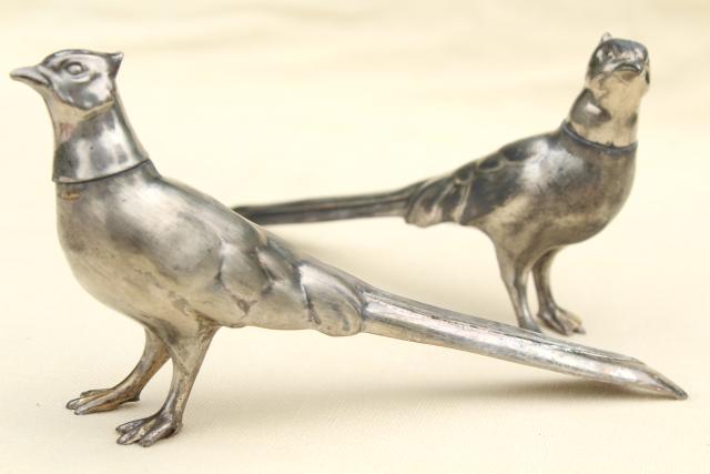 photo of vintage silver plate pheasants, long tailed birds pair of salt & pepper shakers #1