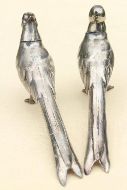 photo of vintage silver plate pheasants, long tailed birds pair of salt & pepper shakers #7