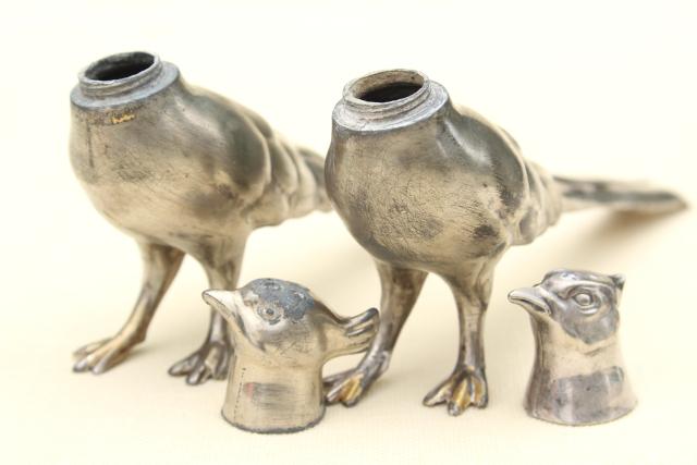 photo of vintage silver plate pheasants, long tailed birds pair of salt & pepper shakers #10