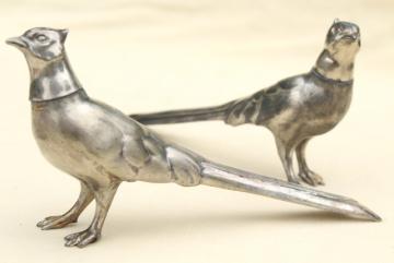 catalog photo of vintage silver plate pheasants, long tailed birds pair of salt & pepper shakers