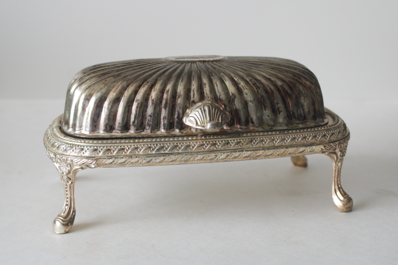 photo of vintage silver plate roll top covered butter dish, tall stand w/ ornate legs  #1