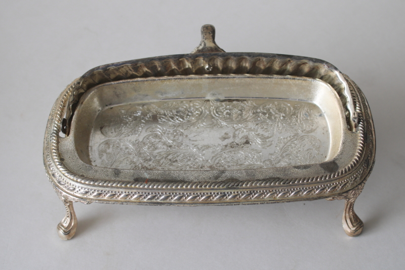 photo of vintage silver plate roll top covered butter dish, tall stand w/ ornate legs  #2