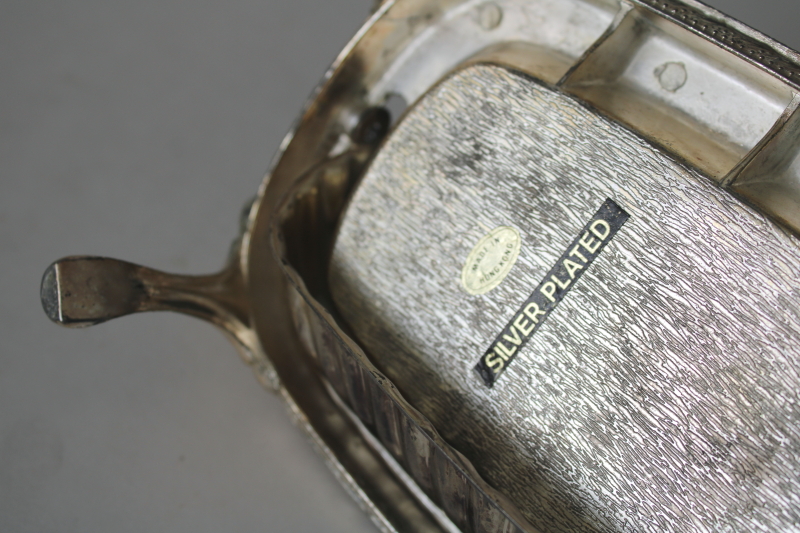 photo of vintage silver plate roll top covered butter dish, tall stand w/ ornate legs  #3