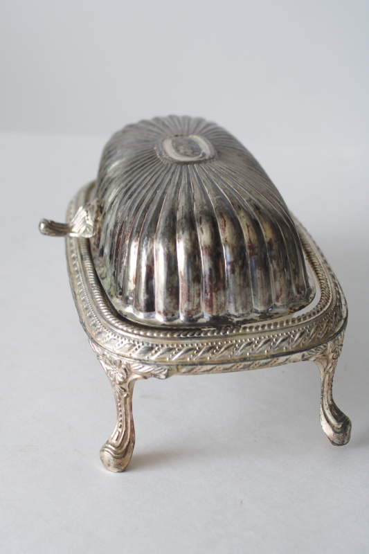 photo of vintage silver plate roll top covered butter dish, tall stand w/ ornate legs  #5