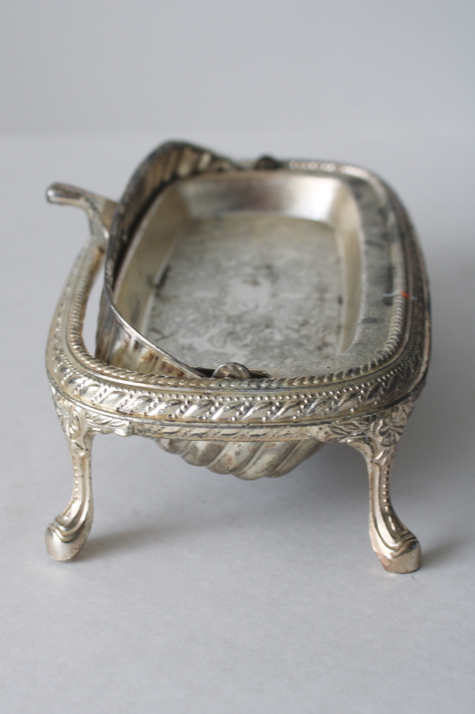photo of vintage silver plate roll top covered butter dish, tall stand w/ ornate legs  #6
