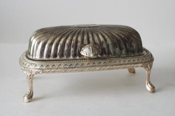 catalog photo of vintage silver plate roll top covered butter dish, tall stand w/ ornate legs 