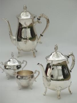 catalog photo of vintage silver plate service, tea pot & coffee pot, cream & sugar set