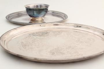 catalog photo of vintage silver plate serving trays, waiter's tray & party platter w/ dip bowl