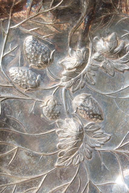 photo of vintage silver plate strawberry dish, tarnished old embossed bowl w/ strawberries #9