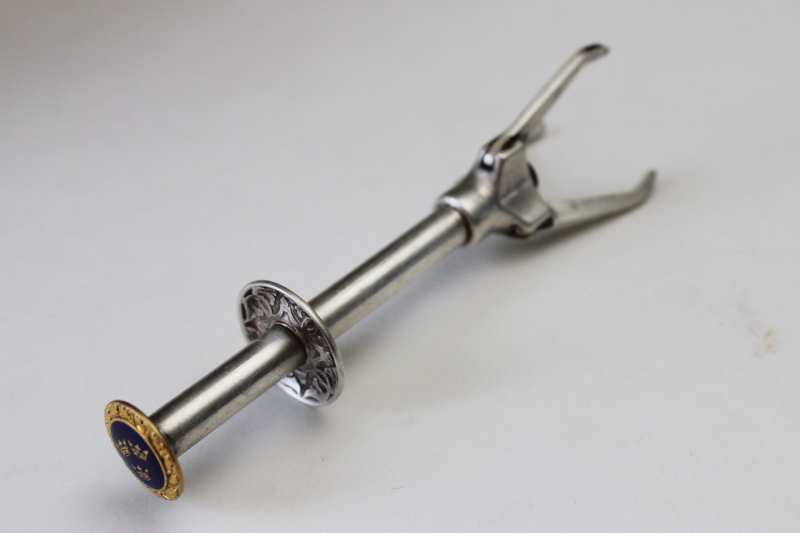 photo of vintage silver plate sugar cube tongs or olive grabber, made in Sweden three crowns blue & gold  #1