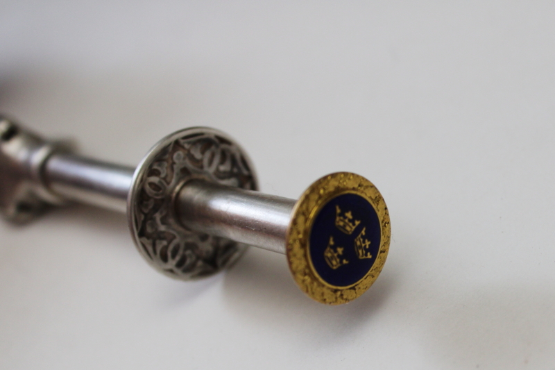 photo of vintage silver plate sugar cube tongs or olive grabber, made in Sweden three crowns blue & gold  #3