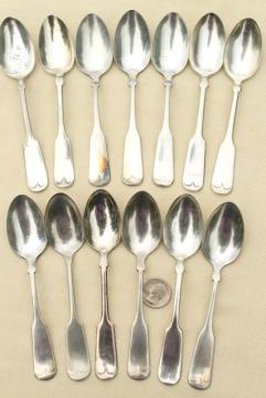 catalog photo of vintage silver plate teaspoons, coin silver Colonial style antique reproduction spoons