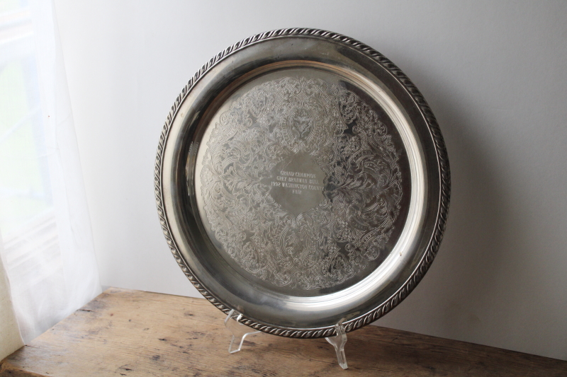 photo of vintage silver plate tray trophy engraved Grand Champion Grey Brahman Bull Washington County Fair #1