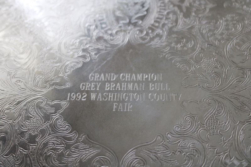 photo of vintage silver plate tray trophy engraved Grand Champion Grey Brahman Bull Washington County Fair  #2