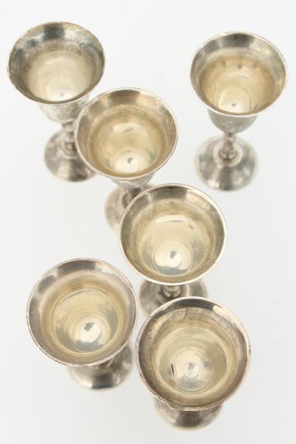 photo of vintage silver plate wine glasses, set of 6 small goblets w/ tarnished patina #2