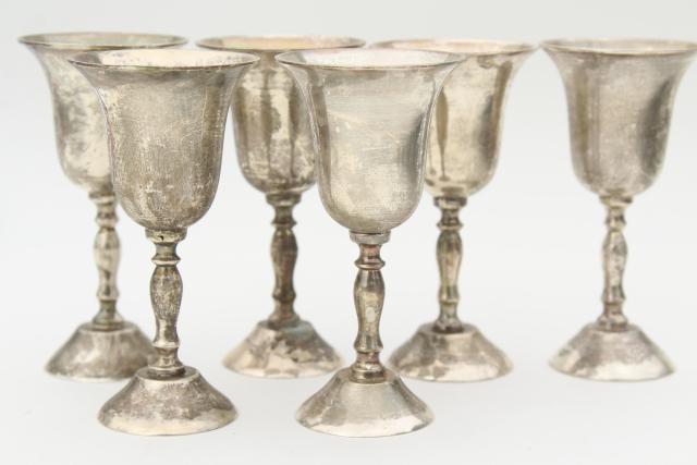 photo of vintage silver plate wine glasses, set of 6 small goblets w/ tarnished patina #3