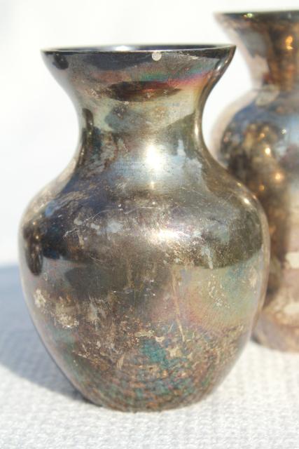 photo of vintage silver plated brass vases, tarnished silverplate paperweight vase collection #4