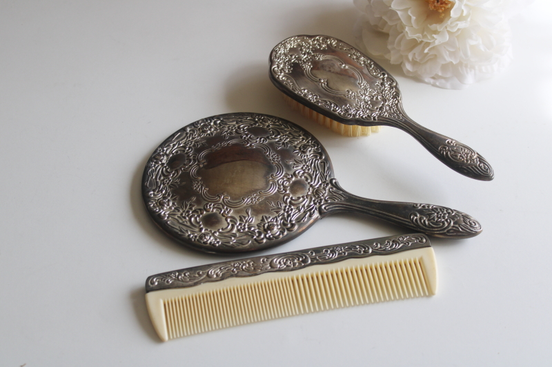 photo of vintage silver plated brush, comb and hand mirror, vanity dressing table set  #1