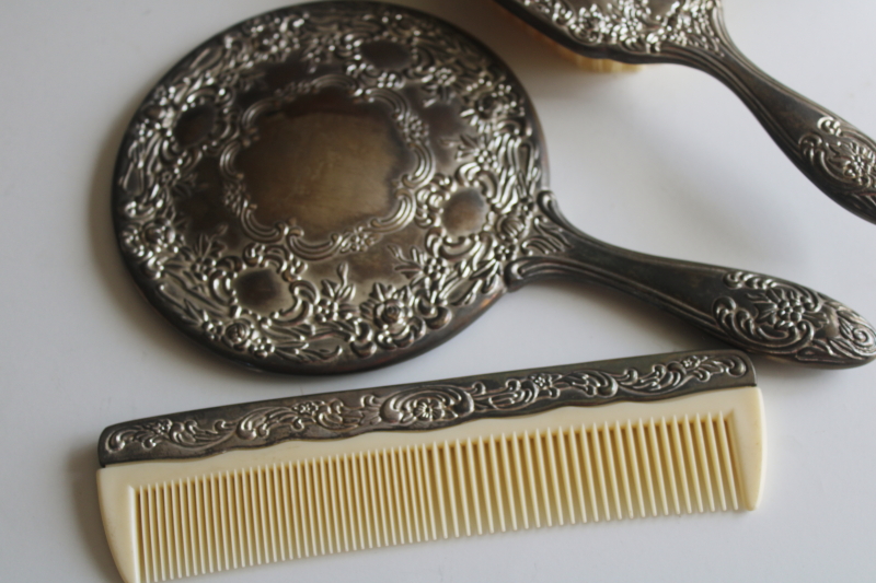 photo of vintage silver plated brush, comb and hand mirror, vanity dressing table set  #2