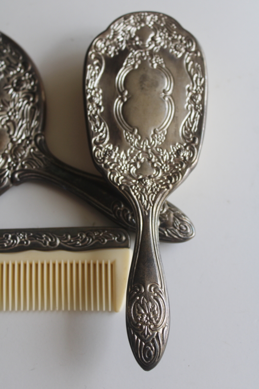 photo of vintage silver plated brush, comb and hand mirror, vanity dressing table set  #3