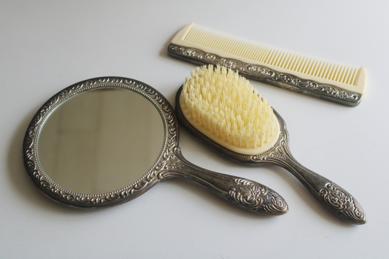 photo of vintage silver plated brush, comb and hand mirror, vanity dressing table set  #4