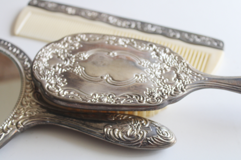 photo of vintage silver plated brush, comb and hand mirror, vanity dressing table set  #5