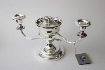 catalog photo of vintage silver plated candelabra, candle holder w/ flower frog bowl, Royal hang tag 