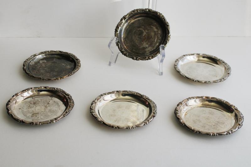 photo of vintage silver plated drink coasters, tiny shabby silver plates or trays #1