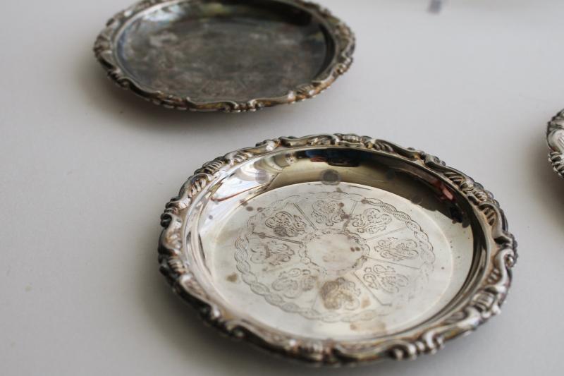 photo of vintage silver plated drink coasters, tiny shabby silver plates or trays #2