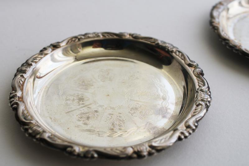 photo of vintage silver plated drink coasters, tiny shabby silver plates or trays #4
